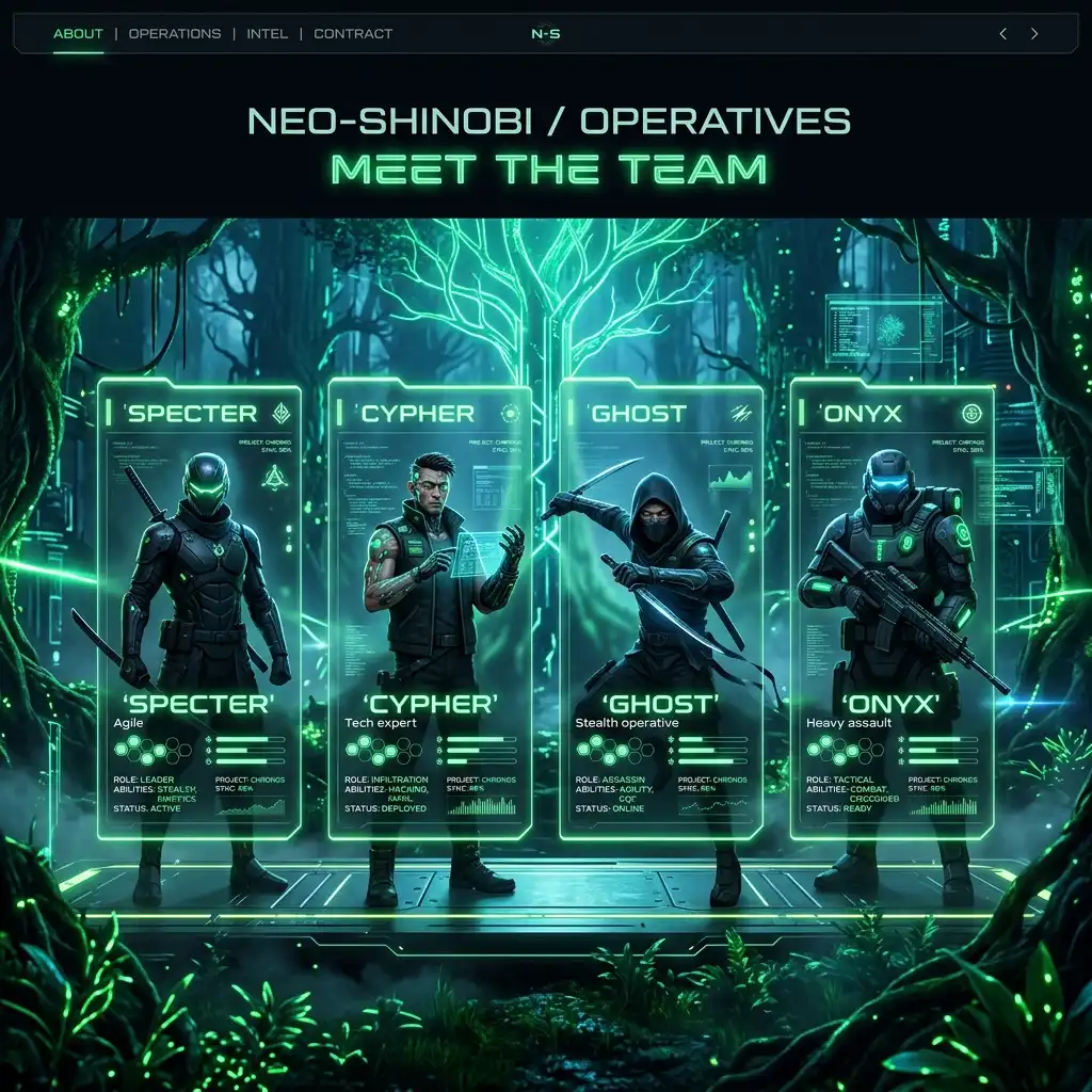 FATNINJA team — cyberpunk operativer i neonbakgrunn