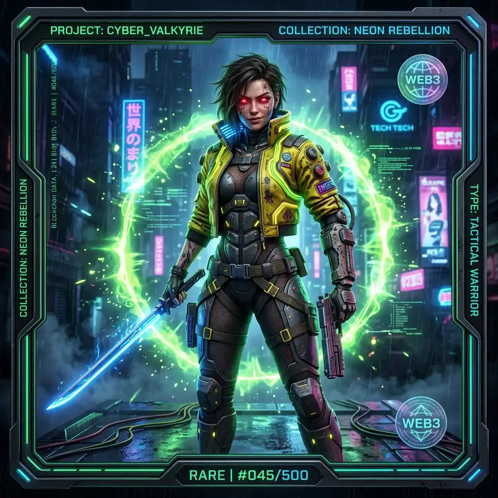 CYBER-VALKYRIE — en taktisk cyberpunk-kriger i acid yellow jakke med neon-glødende sverd