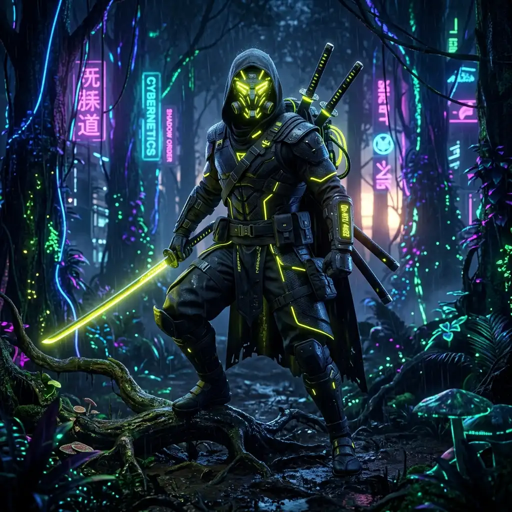 SHADOW-BLADE — mystisk ninja med acid yellow maske i neon-skog